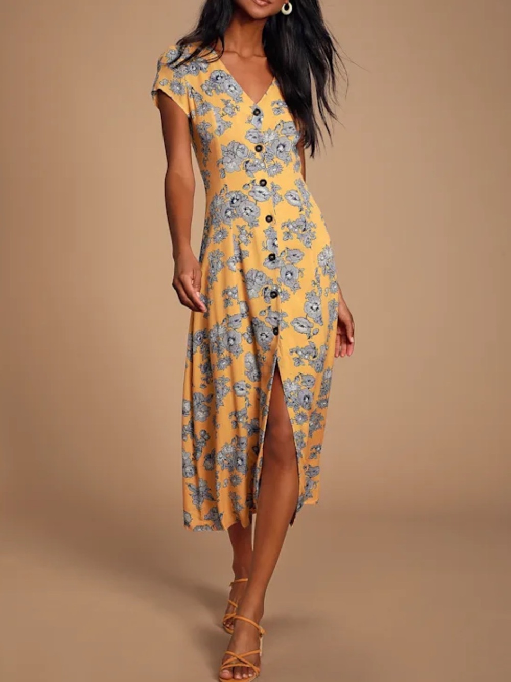 Lulu's Yellow Floral Button-Front Midi Dress - Picture 1 of 7